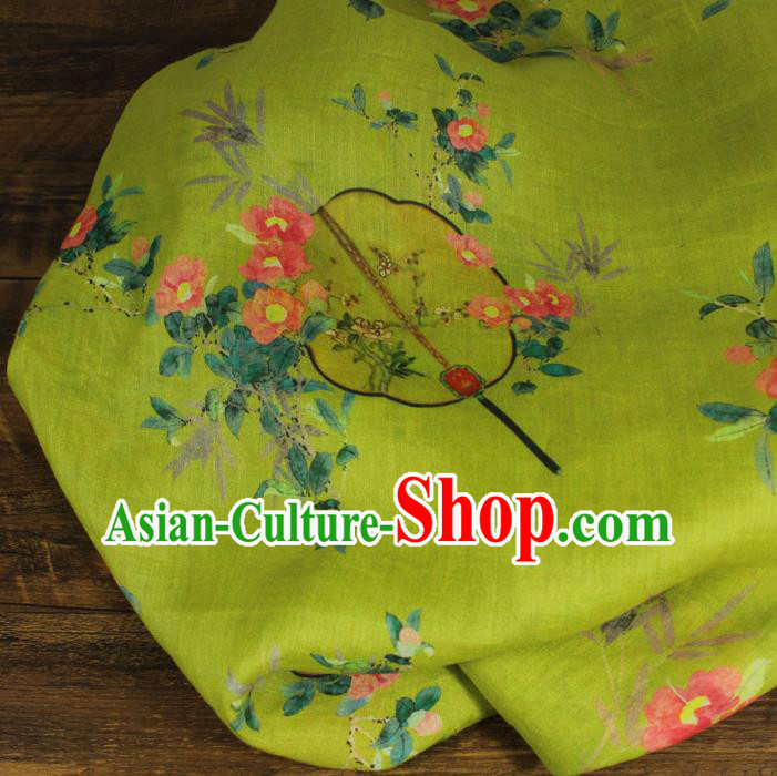 Chinese Printing Palace Fan Flowers Pattern Light Green Ramine Fabric Asian Qipao Dress Flax Cloth Traditional Linen Drapery