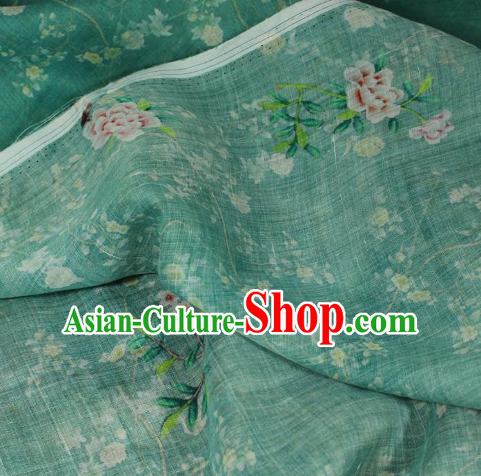 Chinese Printing Peony Bird Pattern Green Ramine Fabric Traditional Linen Drapery Asian Qipao Dress Flax Cloth