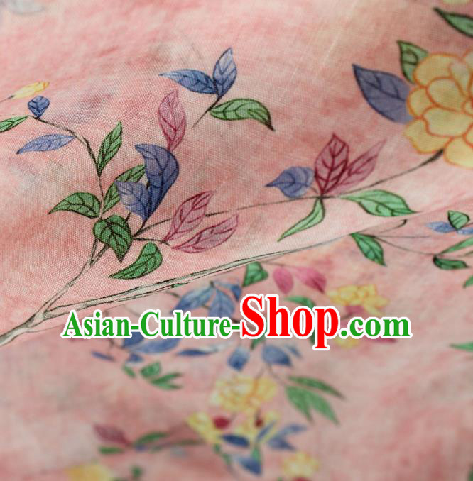Chinese Pink Flax Cloth Traditional Printing Flowers Pattern Ramine Fabric Asian Qipao Dress Linen Drapery