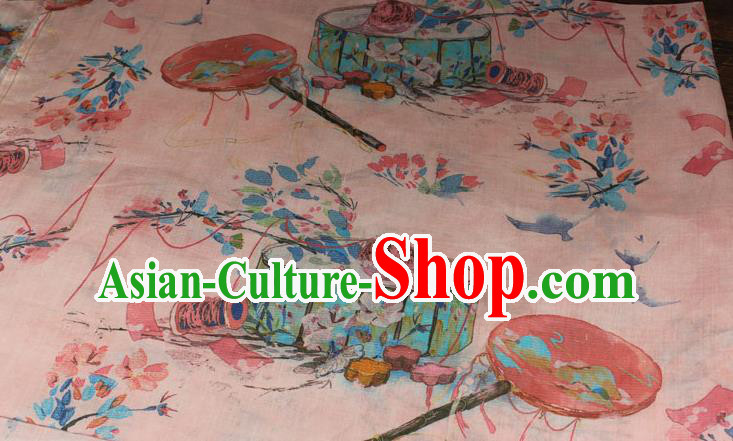 Chinese Printing Round Fan Pattern Pink Flax Fabric Qipao Dress Ramine Cloth Traditional Asian Linen Drapery