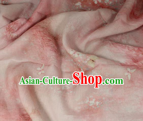 Chinese Traditional Butterfly Pattern Pink Flax Fabric Qipao Dress Cloth Asian Linen Drapery