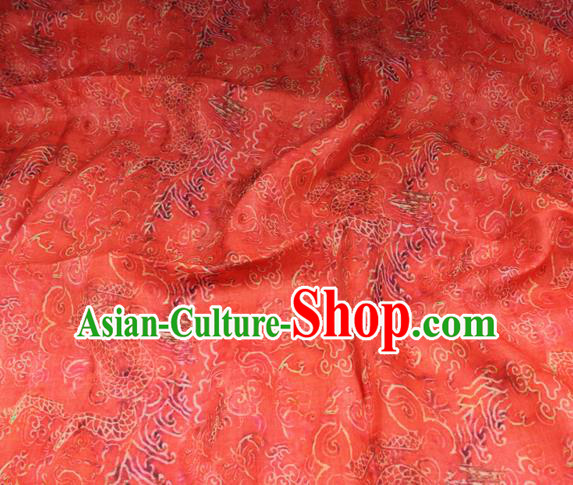 Chinese Traditional Cloud Dragon Pattern Red Flax Asian Tang Suit Linen Drapery Fabric Qipao Dress Cloth