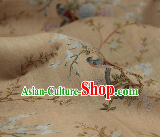 Chinese Traditional Flowers Birds Pattern Beige Flax Asian Tang Suit Linen Drapery Qipao Dress Cloth Fabric