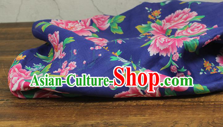 Chinese Traditional Peony Pattern Deep Blue Flax Asian Linen Drapery Qipao Dress Cloth Quilt Cover Fabric