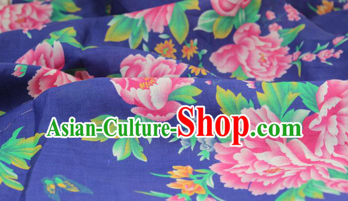Chinese Traditional Peony Pattern Deep Blue Flax Asian Linen Drapery Qipao Dress Cloth Quilt Cover Fabric