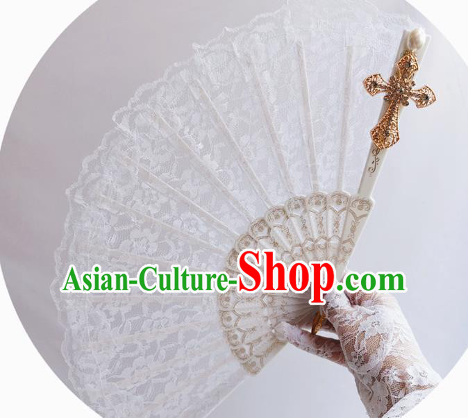 Handmade Retro Bridal Folding Fans Classical Fan Court Wedding White Lace Accordion