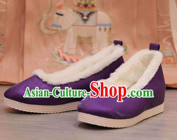China Purple Satin Shoes Opera Shoes Princess Shoes Handmade Cloth Shoes Winter Shoes