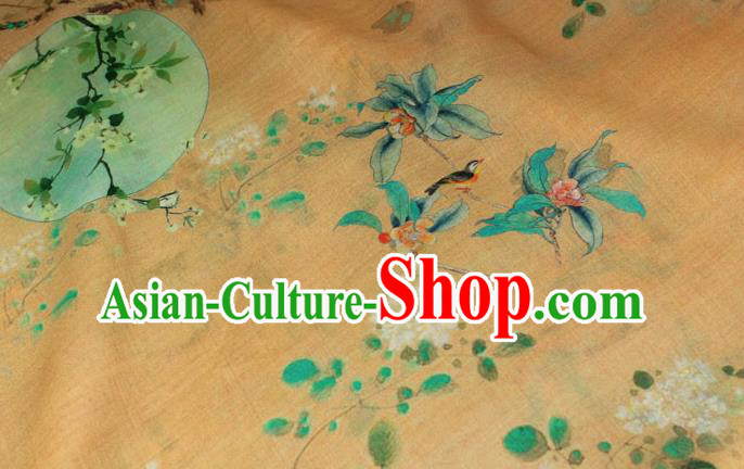 Chinese Printing Pear Blossom Pattern Flax Fabric Traditional Asian Linen Drapery Qipao Dress Cloth Yellow Ramine