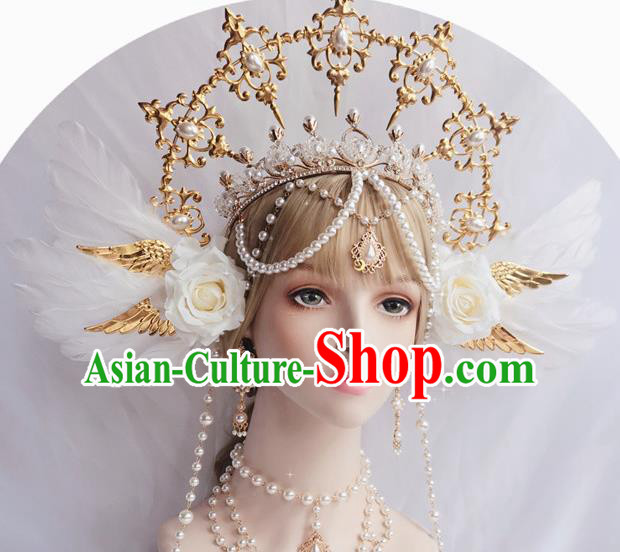 Halloween Stage Show Princess Headwear White Roses Aureole and Royal Crown Handmade Wedding Hair Accessories