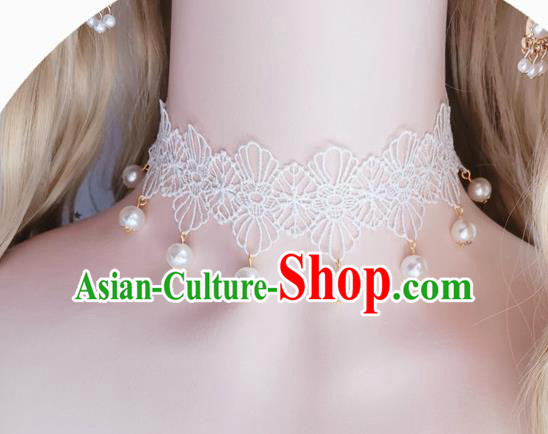 Top Stage Show Pearls Necklace Halloween Cosplay Accessories Europe Court White Lace Necklet