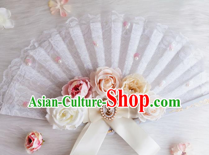 Classical Europe Court White Lace Fan Handmade Retro Folding Fans Rose Flowers Accordion