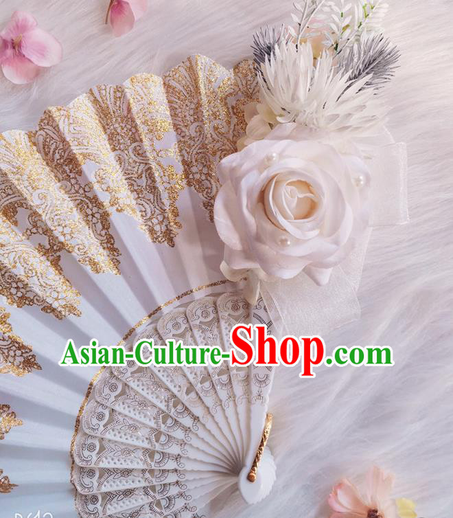 Classical White Rose Flower Fan Handmade Retro Folding Fans Europe Court Accordion