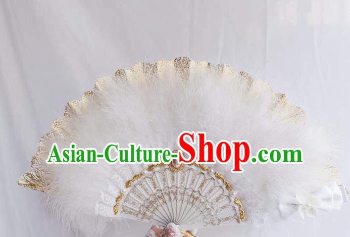 Classical Europe Court Fan Handmade Retro Folding Fans White Feather Accordion