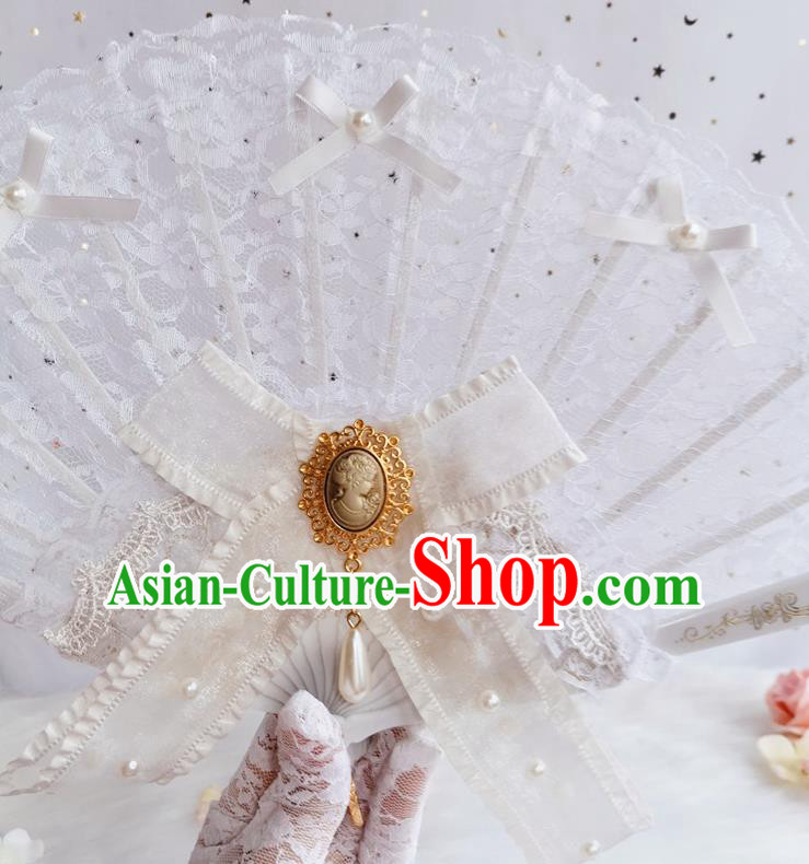 Classical Retro White Lace Fan Handmade Dance Folding Fans Europe Court Princess Bowknot Accordion