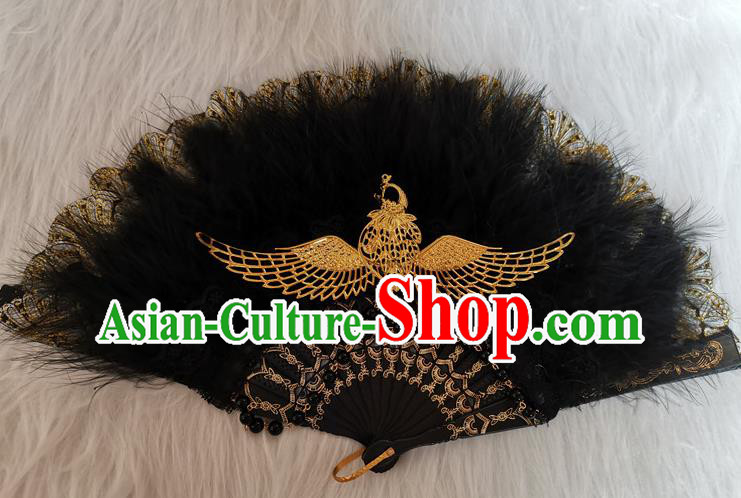 Classical Gothic Black Feather Fan Handmade Europe Court Dance Folding Fans Stage Show Accordion