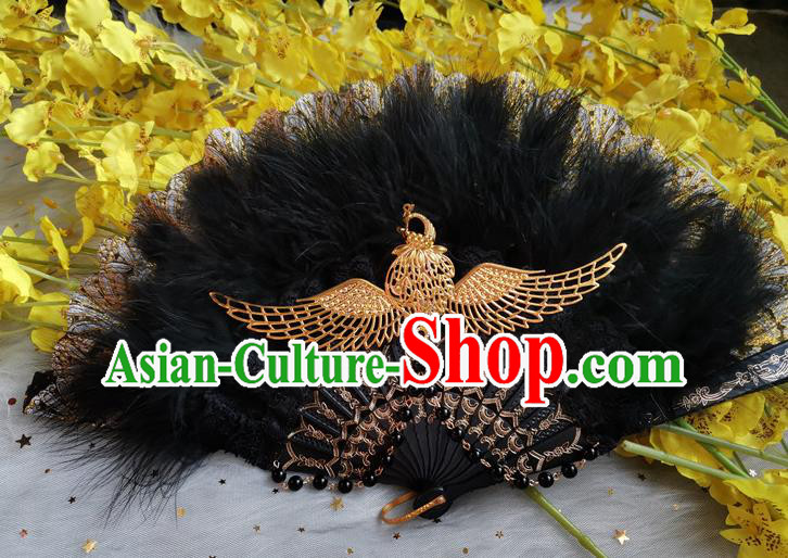Classical Gothic Black Feather Fan Handmade Europe Court Dance Folding Fans Stage Show Accordion