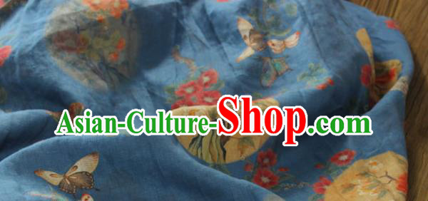 Asian Chinese Printing Flowers Birds Pattern Blue Flax Fabric Traditional Qipao Dress Cloth Linen Drapery