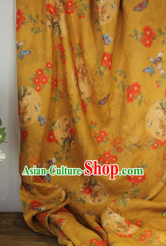 Asian Qipao Dress Cloth Chinese Traditional Printing Peony Birds Pattern Yellow Flax Fabric Linen Drapery