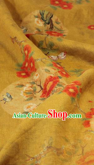 Asian Qipao Dress Cloth Chinese Traditional Printing Peony Birds Pattern Yellow Flax Fabric Linen Drapery