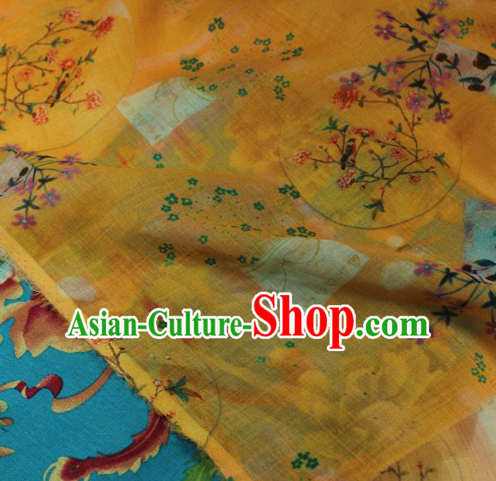 Asian Traditional Yellow Ramine Qipao Dress Cloth Linen Drapery Chinese Printing Flowers Vase Pattern Flax Fabric