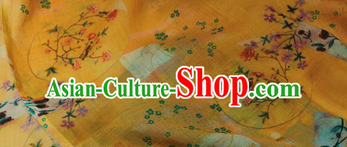 Asian Traditional Yellow Ramine Qipao Dress Cloth Linen Drapery Chinese Printing Flowers Vase Pattern Flax Fabric