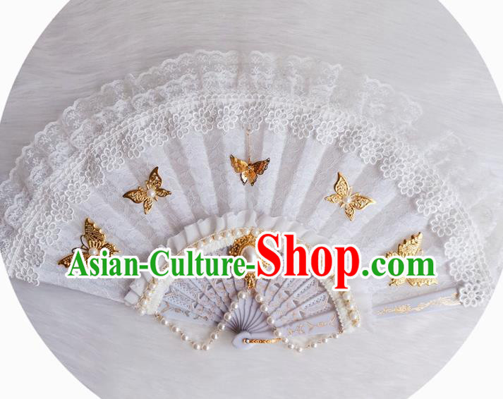 Classical Golden Butterfly Fan Handmade Retro White Lace Folding Fans Europe Court Pearls Accordion