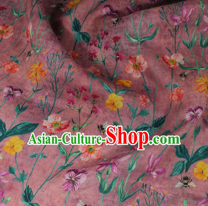 Asian Chinese Traditional Linen Drapery Qipao Dress Flax Cloth Printing Flowers Pattern Magenta Ramine Fabric