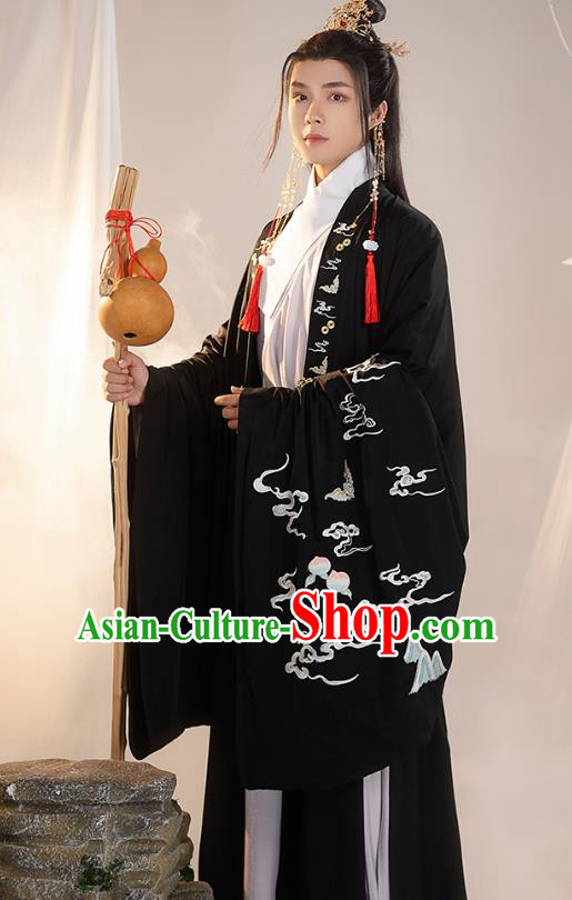 China Ancient Ming Dynasty Costume Taoist Apparels Embroidered Hanfu Black Cloak for Women for Men
