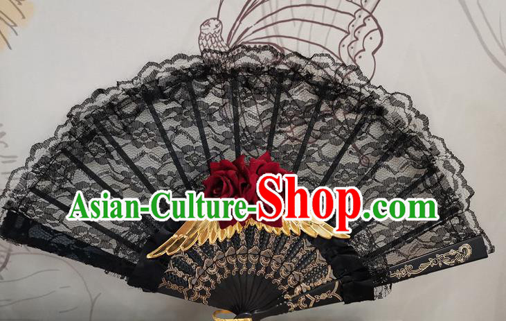 Classical Retro Black Lace Fan Handmade Dance Folding Fans Europe Court Red Rose Accordion
