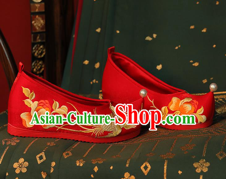 China Wedding Hanfu Shoes Embroidered Phoenix Peony Shoes Princess Shoes Bride Shoes Handmade Red Cloth Shoes
