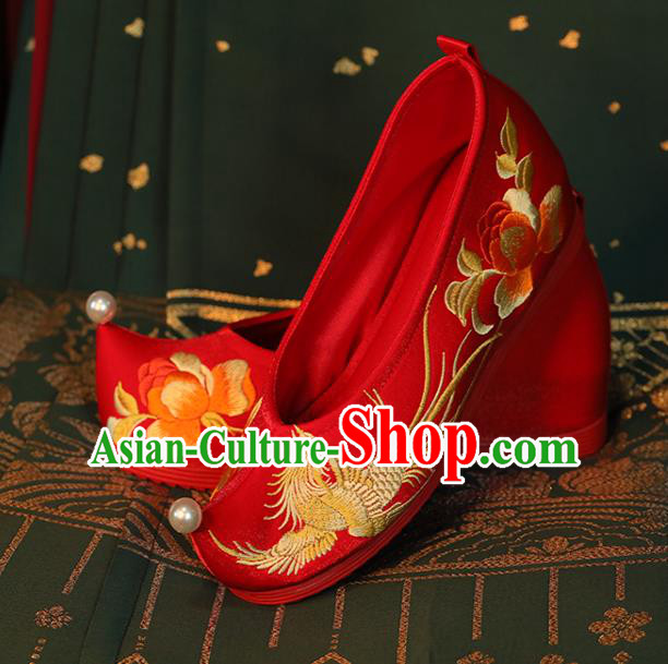 China Wedding Hanfu Shoes Embroidered Phoenix Peony Shoes Princess Shoes Bride Shoes Handmade Red Cloth Shoes
