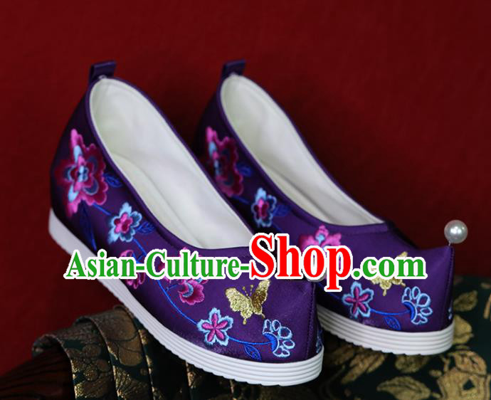China Embroidered Shoes Tang Dynasty Princess Shoes Handmade Wedding Shoes Purple Cloth Hanfu Shoes
