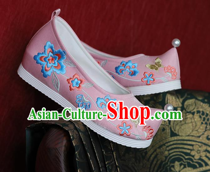 China Tang Dynasty Princess Shoes Handmade Wedding Shoes Pink Cloth Hanfu Shoes Embroidered Shoes