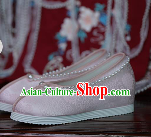 China Hanfu Pearls Shoes Princess Shoes Handmade Shoes Pink Satin Shoes Women Shoes