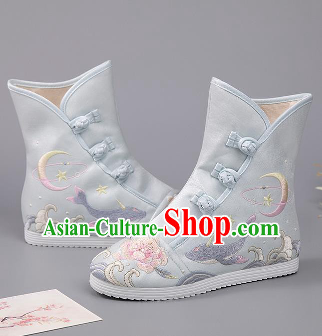Chinese Ancient Ming Dynasty Swordsman Blue Boots Embroidered Peony Shoes Cloth Shoes for Women