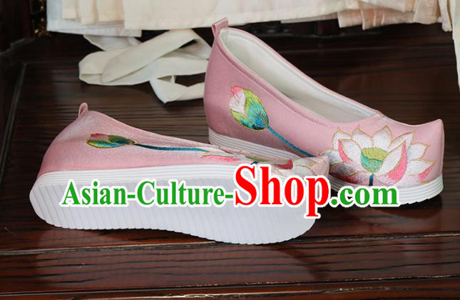 China Embroidered Lotus Shoes Handmade Pink Satin Shoes Song Dynasty Princess Shoes Hanfu Shoes