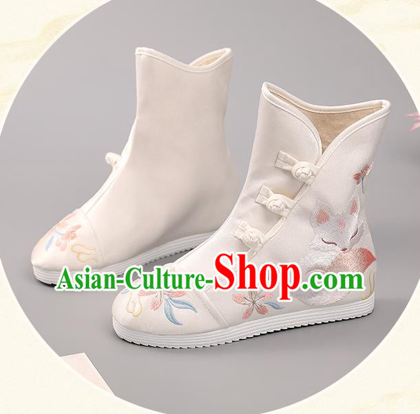Chinese National Embroidered Fox Boots Ancient Hanfu Shoes Handmade White Cloth Boots