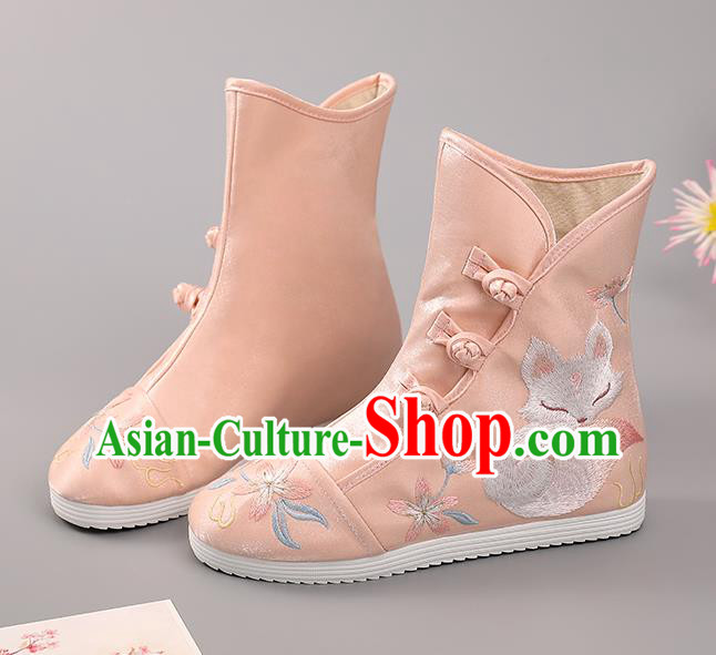 Chinese Ancient Hanfu Shoes Handmade Pink Cloth Boots National Embroidered Fox Boots