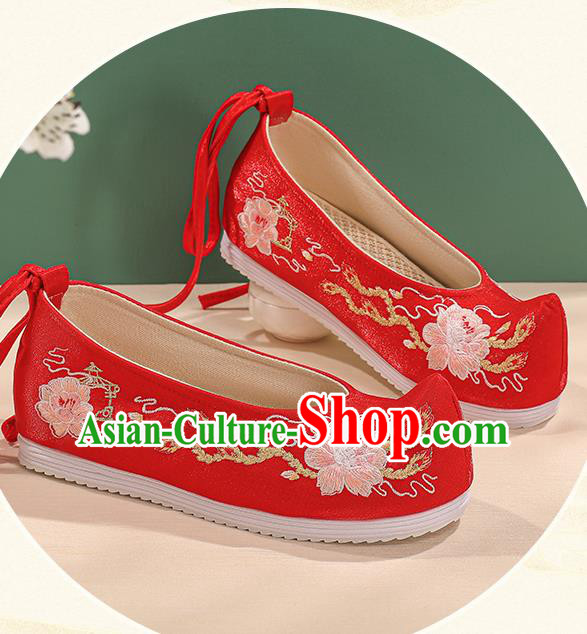 China Bride Shoes Hanfu Shoes Ming Dynasty Princess Shoes Embroidered Peony Shoes Handmade Red Cloth Shoes Female Shoes