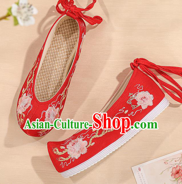 China Bride Shoes Hanfu Shoes Ming Dynasty Princess Shoes Embroidered Peony Shoes Handmade Red Cloth Shoes Female Shoes