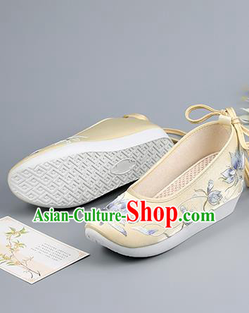 China Ming Dynasty Princess Shoes Ancient Court Shoes Embroidered Epiphyllum Yellow Shoes Traditional Hanfu Shoes