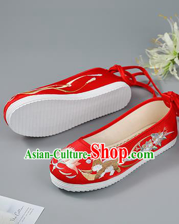 China Traditional Red Hanfu Shoes Ming Dynasty Princess Shoes Embroidered Flowers Shoes Wedding Shoes