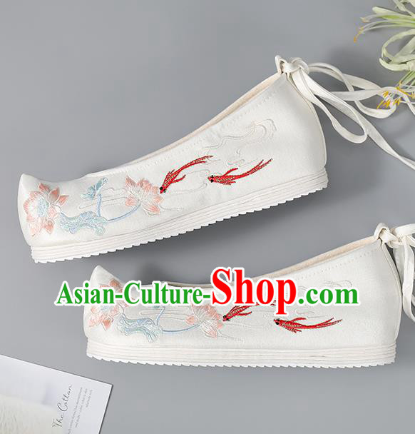 China Embroidered Lotus Fishes Shoes Hanfu Shoes Ancient Princess Shoes Traditional Women Shoes Handmade Cloth Shoes