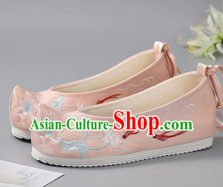 China Traditional Women Shoes Embroidered Lotus Fishes Shoes Hanfu Shoes Ancient Princess Shoes Handmade Pink Cloth Shoes