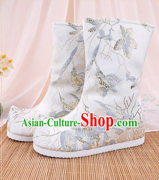 Chinese Ancient Ming Dynasty Hanfu Shoes Handmade Boots National White Brocade Boots
