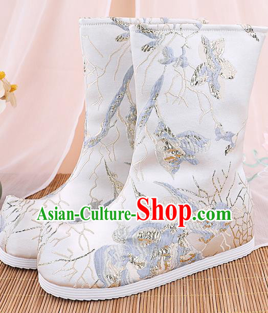 Chinese Ancient Ming Dynasty Hanfu Shoes Handmade Boots National White Brocade Boots