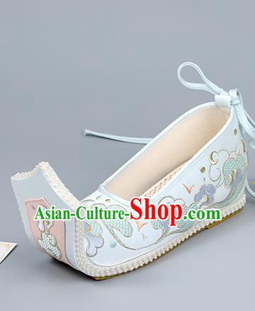China Ming Dynasty Court Shoes Embroidered Cloud Shoes Traditional Hanfu Shoes Light Blue Shoes