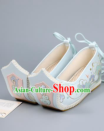 China Ming Dynasty Court Shoes Embroidered Cloud Shoes Traditional Hanfu Shoes Light Blue Shoes