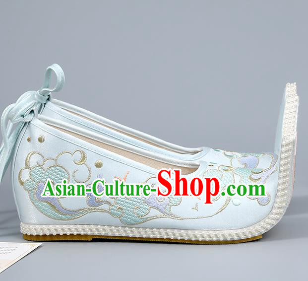China Ming Dynasty Court Shoes Embroidered Cloud Shoes Traditional Hanfu Shoes Light Blue Shoes
