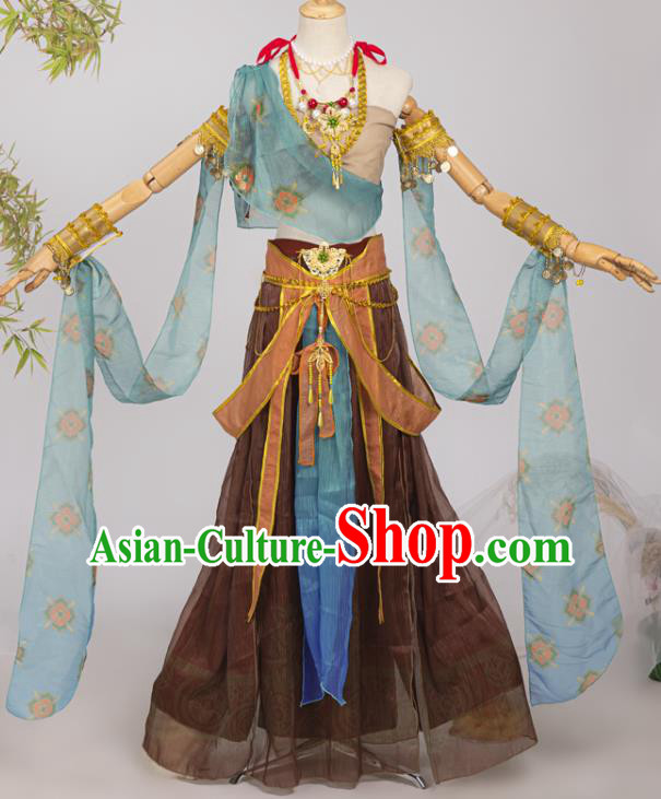 Chinese Cosplay Dunhuang Apsaras Brown Top and Skirt Ancient Fairy Hanfu Dress for Women